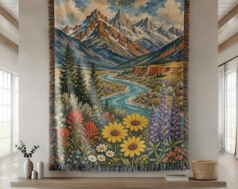 Mountain Wildflower Woven Blanket, Alpine Landscape Tapestry Throw, Cottagecore Nature Wall Hanging, Rustic Cabin Decor, Hiking Gift