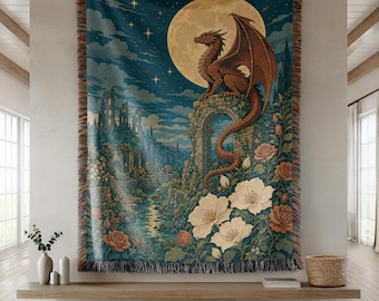 Medieval Dragon Woven Blanket, Moonlit Castle Fantasy Tapestry, Gothic Dragon Throw, Dark Academia Wall Hanging, Dragon Lover Gift