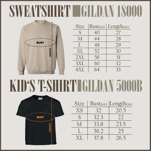 Puede incluir: Una sudadera Gildan 18000 color beige y una camiseta infantil Gildan 5000B negra. La imagen incluye tablas de tallas con medidas de busto y largo en cm para ambas prendas. Las tallas de sudadera van de la S a la 4XL.