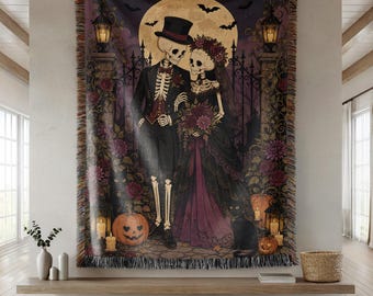 Skeleton Couple Woven Blanket, Gothic Wedding Throw, Halloween Romance Decor, Dark Cottage Blanket, Spooky Love Gift