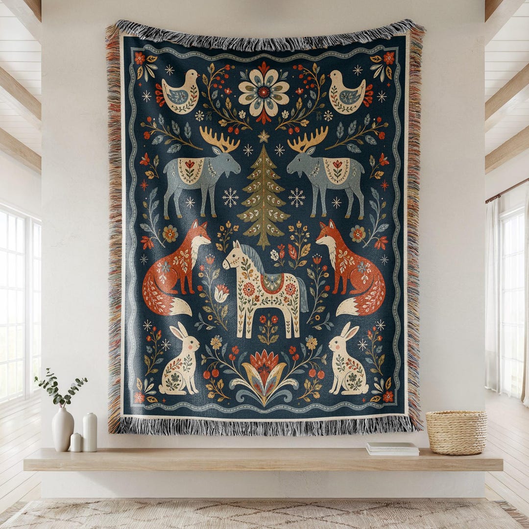 Scandinavian Folk Art Woven Blanket, Nordic Woodland Animal