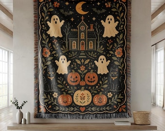 Folk Art Halloween Woven Blanket, Ghost Pumpkin Throw, Vintage Autumn Decor, Black Cat Cottage Blanket