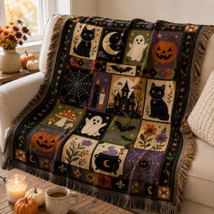 Puede incluir: Una manta tejida con una cuadrícula de ilustraciones temáticas de Halloween que incluyen gatos negros, fantasmas, calabazas, una casa embrujada, una telaraña, un caldero, setas y flores en una paleta de colores negro, naranja, morado y verde.