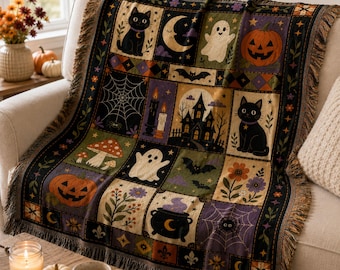 Halloween Quilt Style Woven Blanket, Black Cat Ghost Patchwork Throw, Cottagecore Autumn Decor, Cute Spooky Blanket