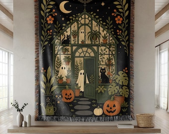 Haunted Greenhouse Woven Blanket, Ghost Plant Lover Throw, Botanical Halloween Decor, Cottagecore Witch Blanket
