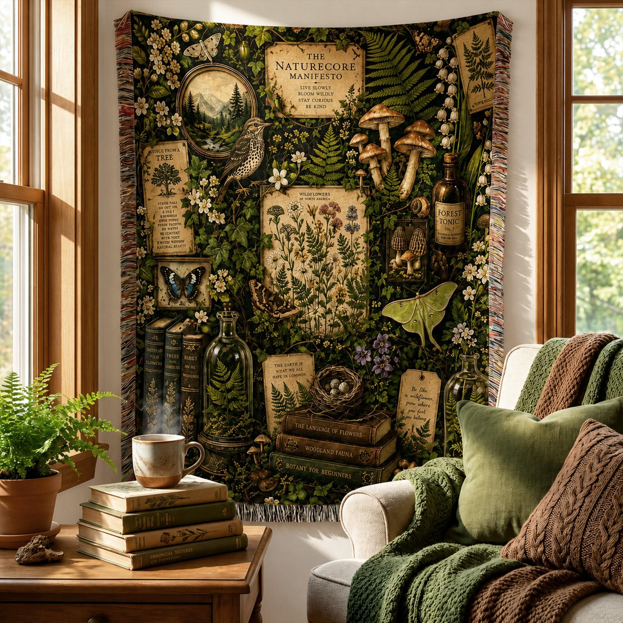 その他 USED HANDMADE BLANKET Naturecore Manifesto Woven Blanket, Botanical Forest Tapestry