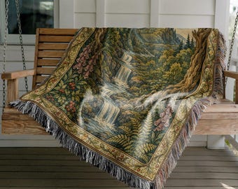 Medieval Castle Woven Blanket, Enchanted Forest Waterfall Tapestry, Fairytale Castle Throw, Cottagecore Fantasy Wall Hanging