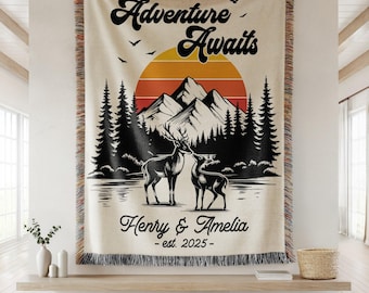 Personalized Couples Woven Blanket: Adventure Awaits Moss Green Boho Stripe, Custom Anniversary Gift