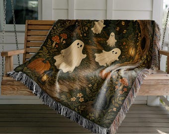 Cute Ghost Forest Woven Blanket, Woodland Halloween Throw, Black Cat Cottage Decor, Cozy Autumn Ghost Blanket