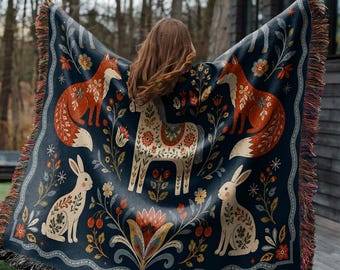 Scandinavian Folk Art Woven Blanket, Nordic Woodland Animal