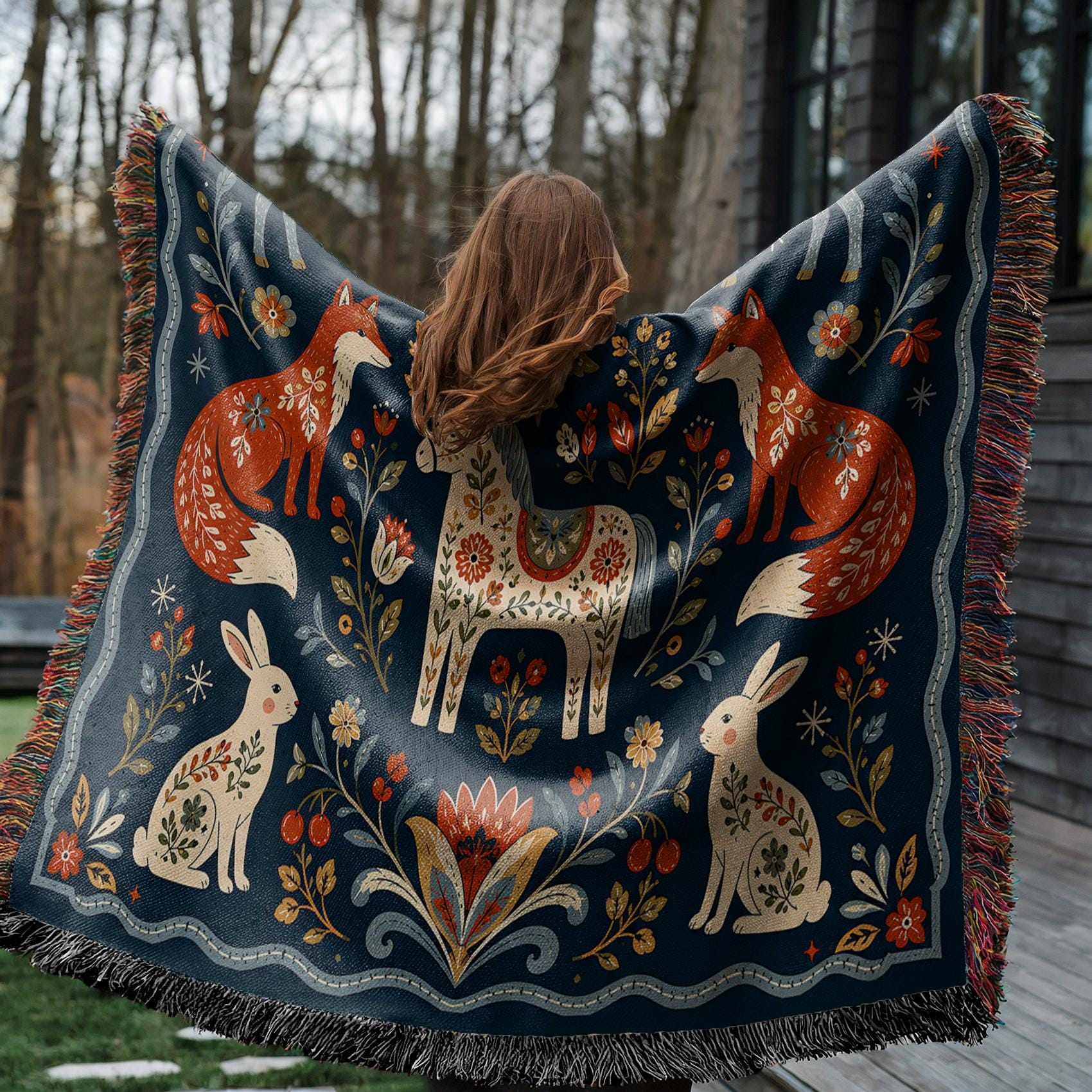 Scandinavian Folk Art Woven Blanket, Nordic Woodland Animal