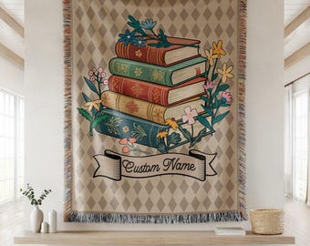 Personalized Book Lover Woven & Velveteen Blanket, Vintage Bookshelf Library Blanket, Floral Bookish Gift For Reader