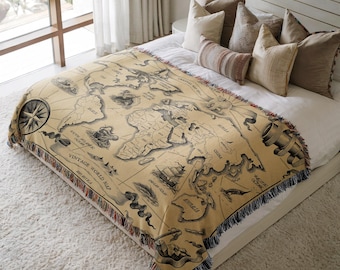 Rustic World Map Throw Blanket, Woven Cotton Tapestry, Travel Decor, Velveteen Blanket