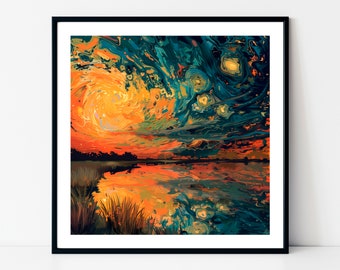 Sunset by the lake. Giclée print 30x30cm