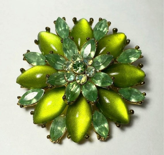 Vintage Green Rhinestone Floral Brooch - image 5