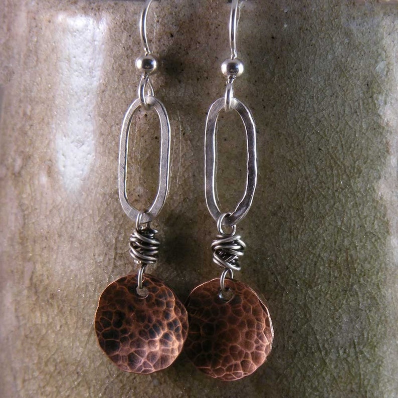 Organic Hammered Copper and Fine Silver Earrings Etsy