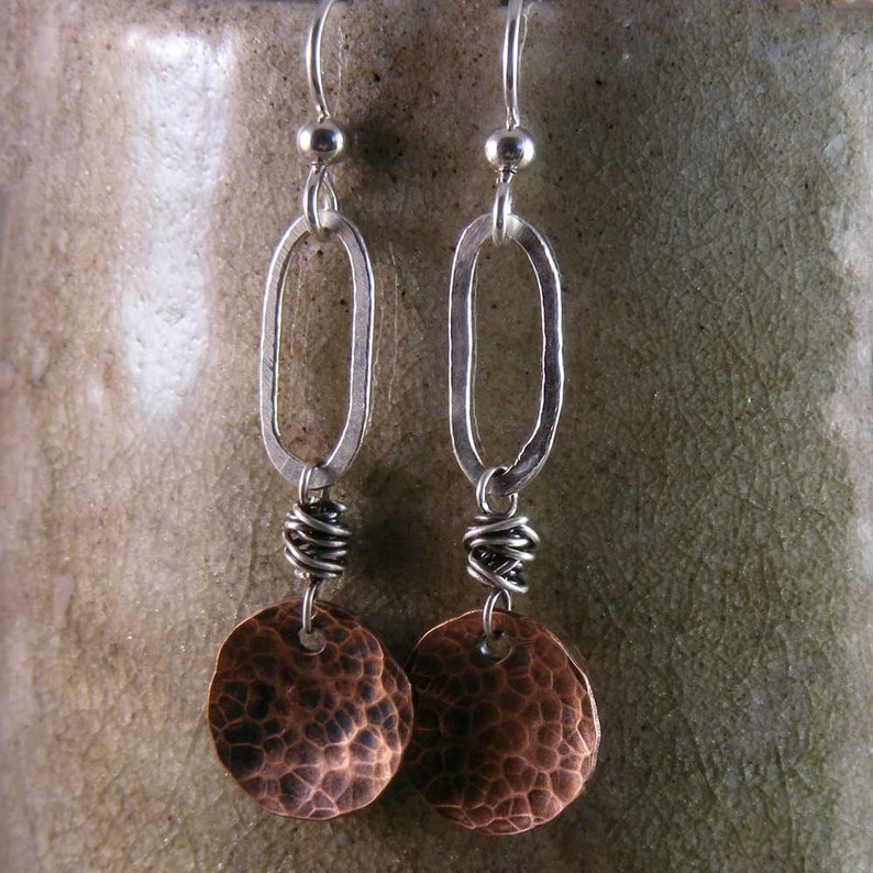 Organic Hammered Copper and Fine Silver Earrings image 3