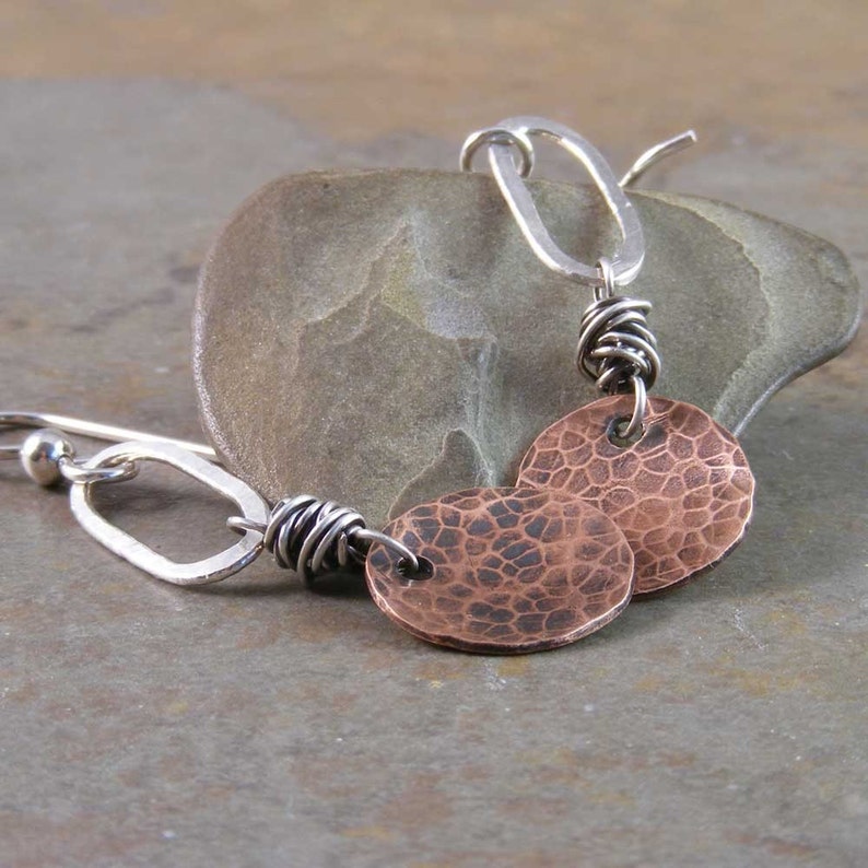 Organic Hammered Copper and Fine Silver Earrings image 4