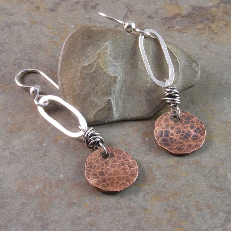 Organic Hammered Copper and Fine Silver Earrings image 2