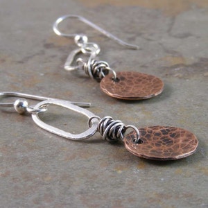 Organic Hammered Copper and Fine Silver Earrings image 1