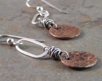 Organic Hammered Copper and Fine Silver Earrings