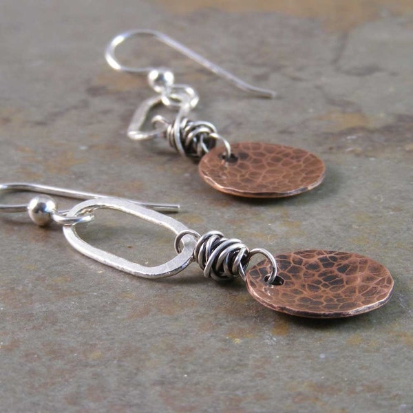 Organic Hammered Copper and Fine Silver Earrings