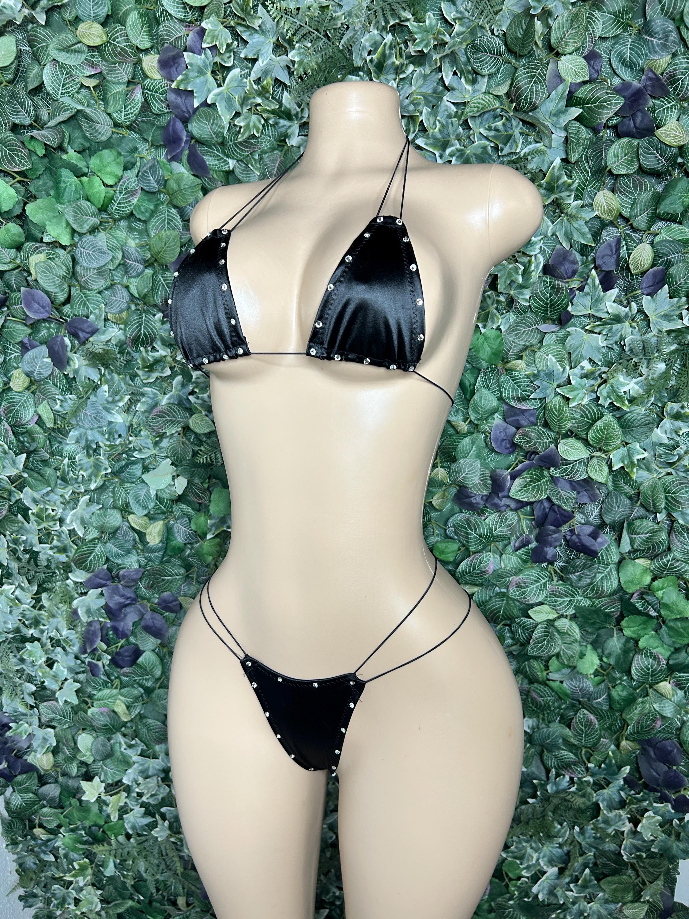 Classic triangle microkini exotic stripper dancewear w/ rhinestone edging