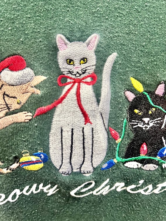 Vintage Dark Green Meowy Christmas Cat Sweatshirt… - image 10
