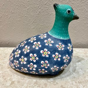 Vintage Tonala Clay Bird Figurine: Hand-painted Mexican Folk Art