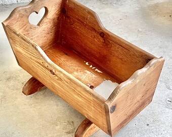 Vintage Handmade Wooden Rocking Cradle with Heart Cutout. Doll, Teddy Bear, or Plant Display. Free Shipping!