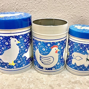 Set of 3 Vintage Blue Canisters. 3 Sizes. Nesting Tins. Duck, Chicken, Cow. Shipping Included!