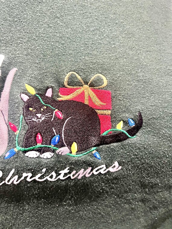 Vintage Dark Green Meowy Christmas Cat Sweatshirt… - image 11
