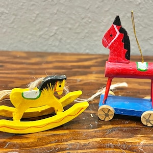 Vintage Small Handmade and Painted Toy Horse Ornaments. Set of 2. Christmas Decor. Price Includes Shipping!