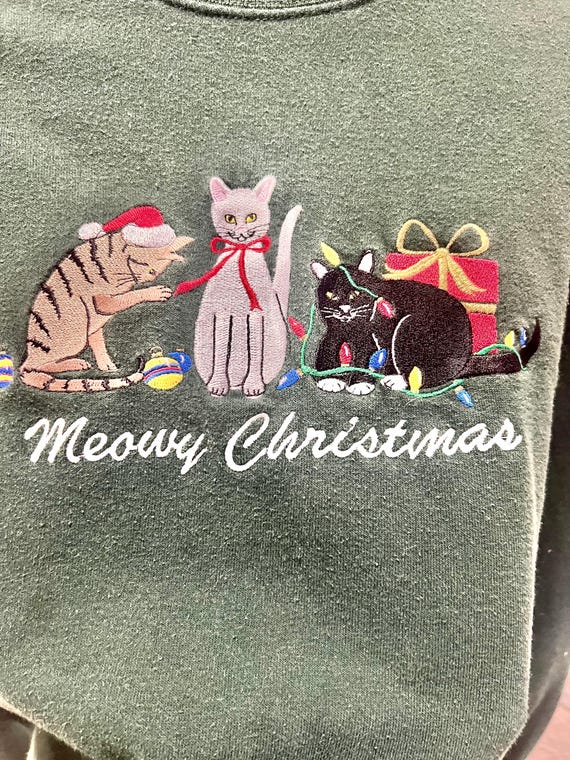 Vintage Dark Green Meowy Christmas Cat Sweatshirt… - image 8