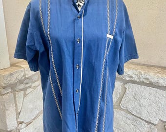 Vintage Linen Guayabera Shirt: Blue & Tan Short Sleeve, Size 38
