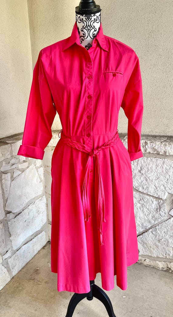 Vintage Hot Pink Shirt Dress: Braided Belt, Shoulder Pads, Pockets