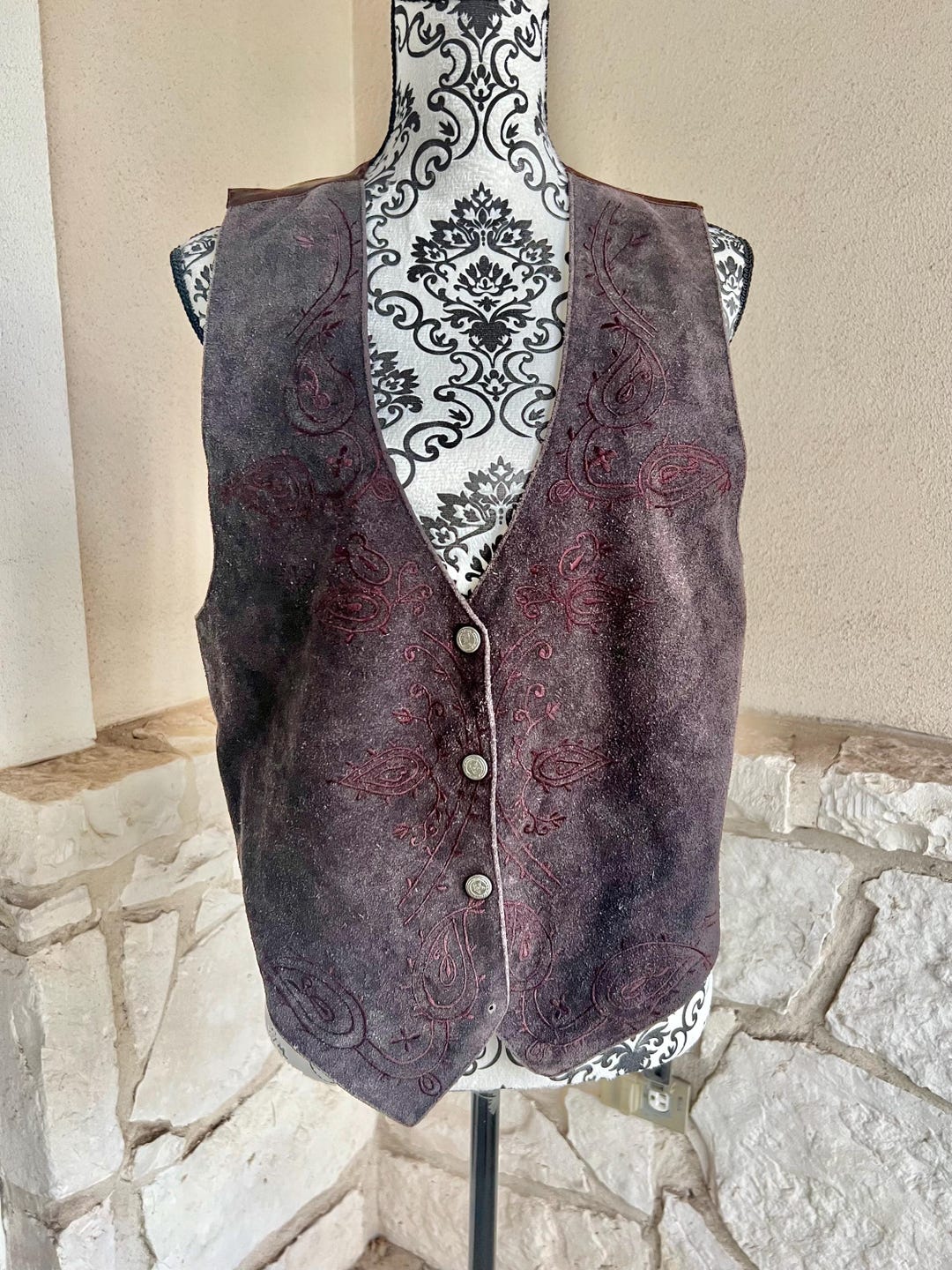 Vintage AJ Brown Leather Western Vest: Embroidered Cowboy Ranch