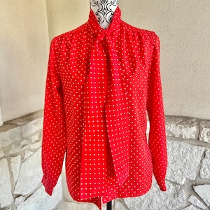 Vintage Lainee Red Blouse with White Polka Dots. Tie/Bow Neck. Button Down. Price Includes Shipping!