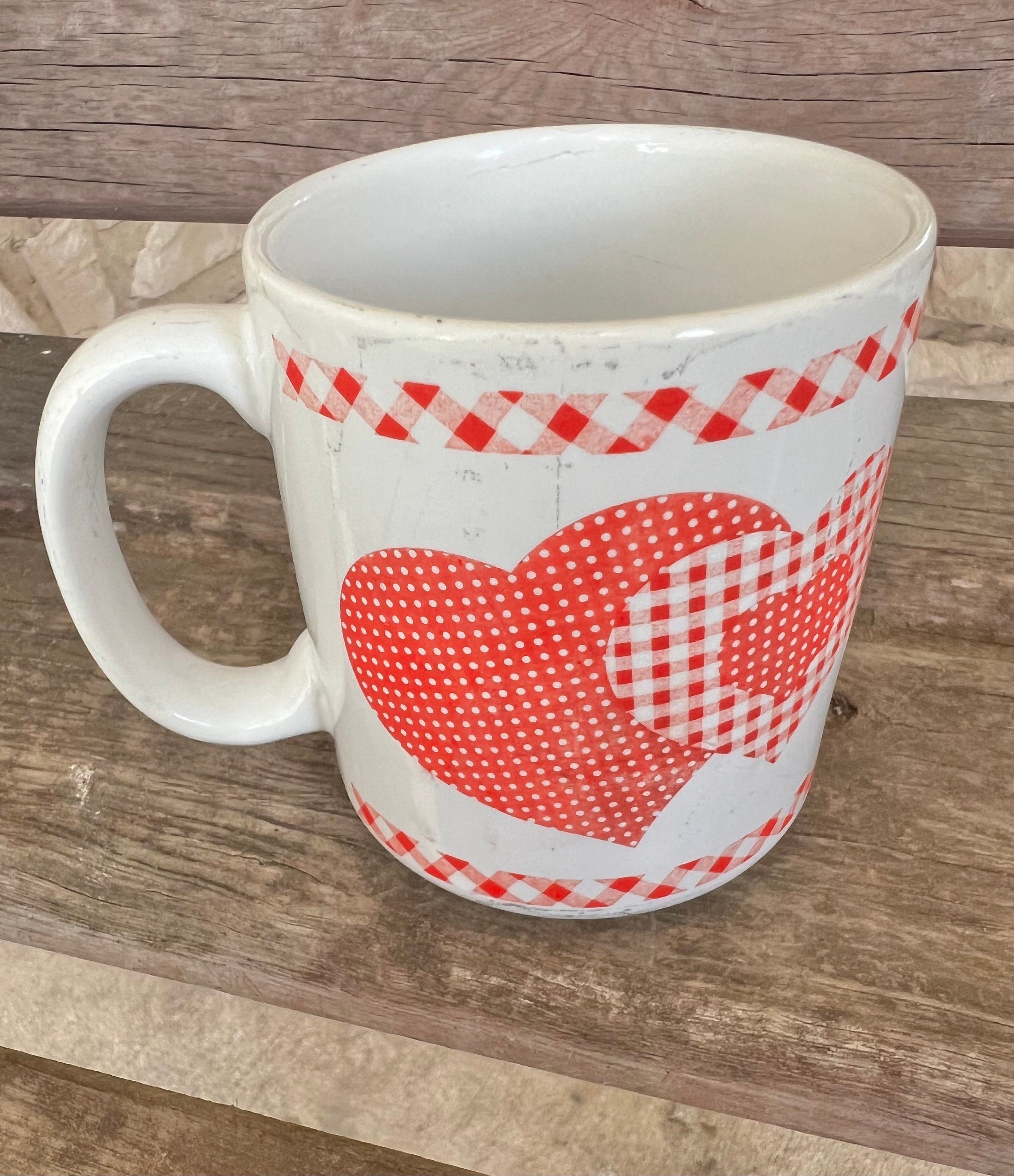 Vintage Ceramic Hearts Mug: Red Gingham Border, Valentine's Day