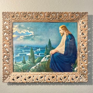 Litografia religiosa vintage de 1960. Papelão. Impressão artística "Jesus no Monte das Oliveiras", de Victor Guiness. Jesus. Cristão. Arte religiosa.