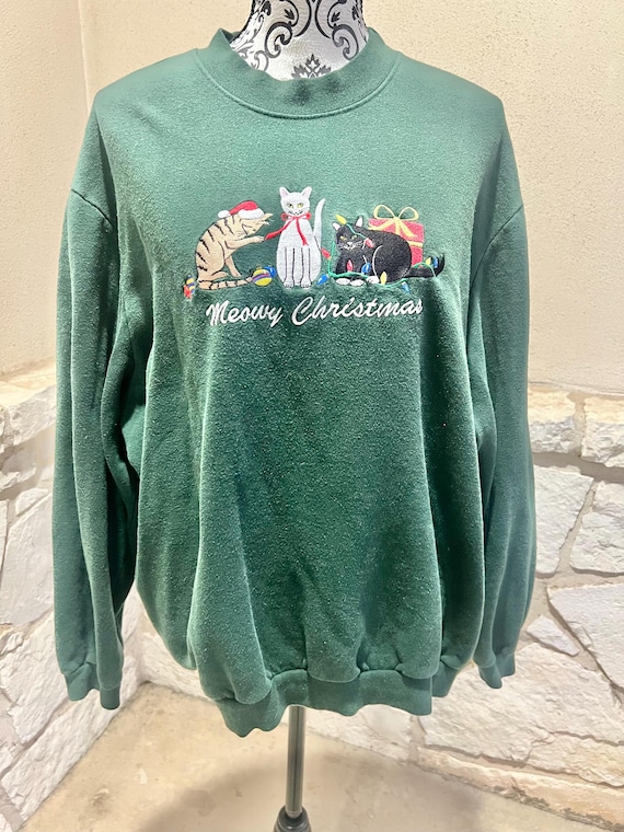 Vintage Dark Green Meowy Christmas Cat Sweatshirt… - image 1