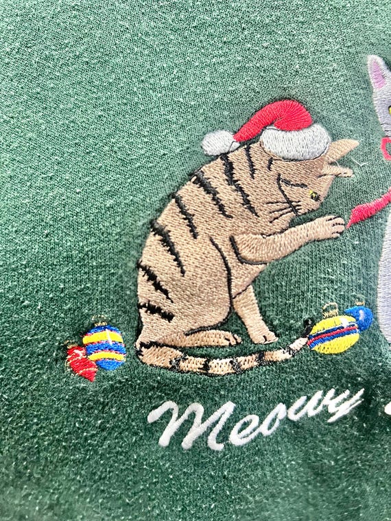 Vintage Dark Green Meowy Christmas Cat Sweatshirt… - image 9