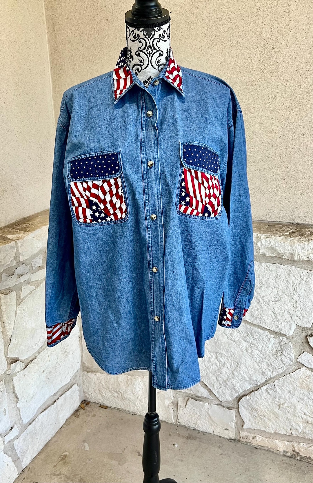 Vintage American Flag Denim Shirt - Agnes Appaarel Unisex Top - Etsy