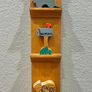 Vintage Wooden House Shaped 3 Tier Trinket Shelf with 3 Wooden Texas Miniatures. Wall Display. Free Shipping!