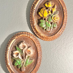 Vintage Pair 1960s Plastic Wall Plaques. Oval Framed Intricate Floral Wall Decor. Yellow Roses. White Lilies. Price Includes Shipping!
