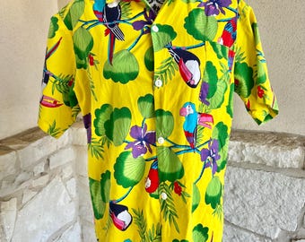 Vintage Tropical Macaw Toucan Shirt: Unisex Yellow Button Down