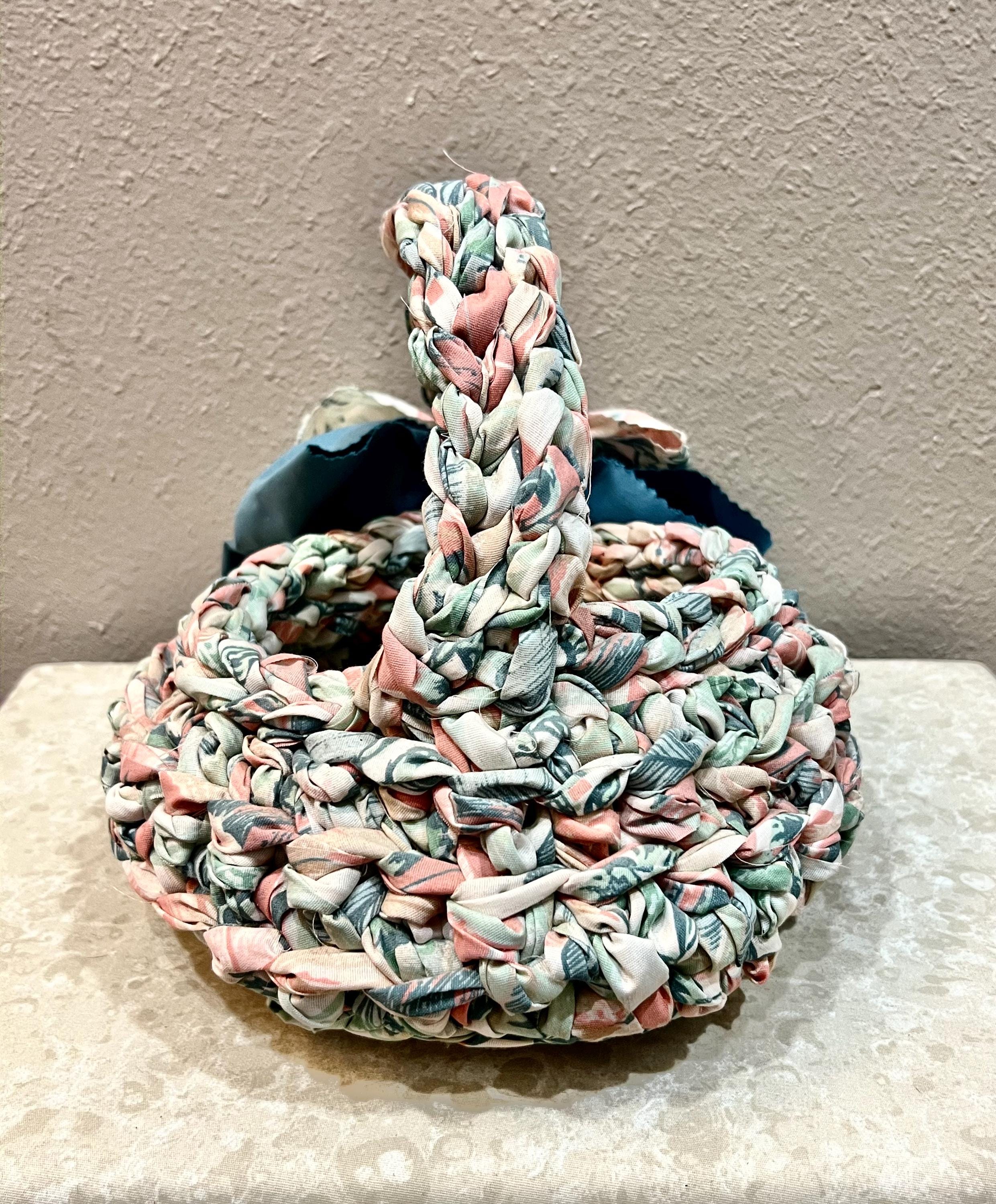 Vintage Braided Coiled Fabric Rag Basket With Handle and Bow. Handmade ...
