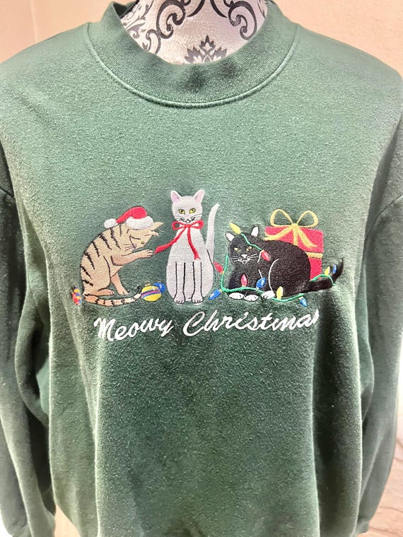 Vintage Dark Green Meowy Christmas Cat Sweatshirt… - image 2