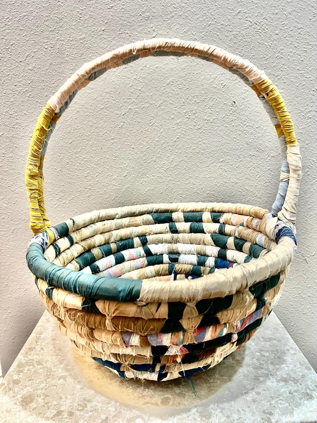Large Vintage Coiled Fabric Rag Basket With Handle. Handmade. Easter ...