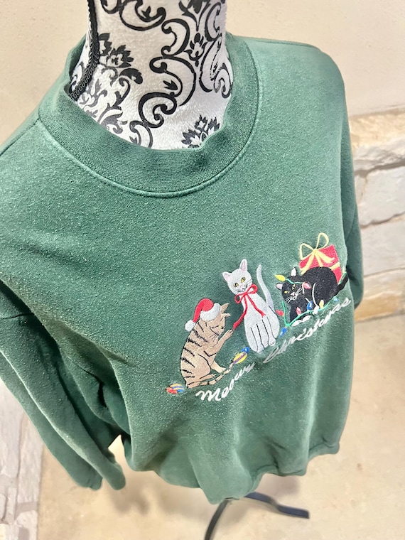 Vintage Dark Green Meowy Christmas Cat Sweatshirt… - image 7